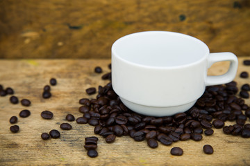 Coffee beans background on wooden, Fresh coffee beans