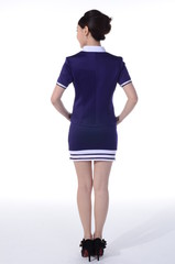Active girl wear professional attire in front of a white backgro