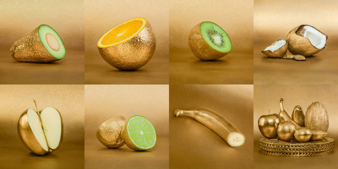 Collage of fruits with golden peel on gold background