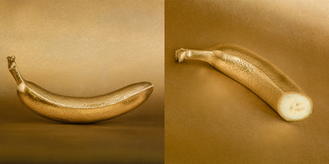 Whole and opened banana with golden peel on gold background