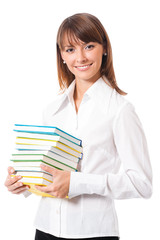 Portrait of woman with textbooks, on white