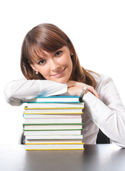 Young woman with textbooks, on white