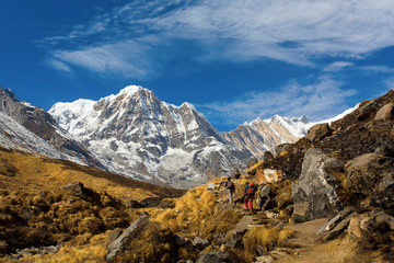 Fototapeta na wymiar Trekking to Annapurna Base Camp with Annapurna I in a background