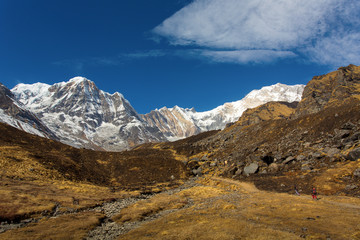 Fototapeta na wymiar Trekking to Annapurna Base Camp with Annapurna I in a background