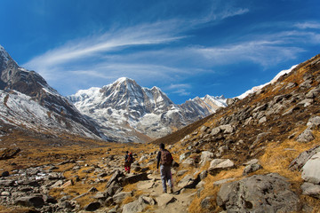 Trekking to Annapurna Base Camp with Annapurna I in a background