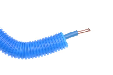 Blue flexible corrugated pipe with electrical wire