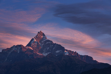 Machhapuchchhre mountain at sunset - Fish Tail in English is a m - obrazy, fototapety, plakaty