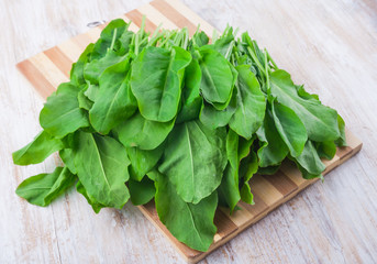 fresh sorrel on a kitchen board