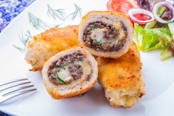 chicken roulade with mushrooms fried in batter
