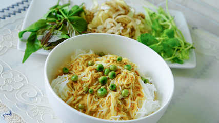 Traditional Thai cuisine, rice vermicelli eaten with curry