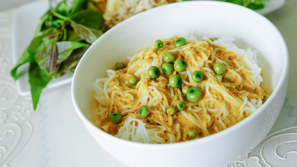 Traditional Thai cuisine, rice vermicelli eaten with curry