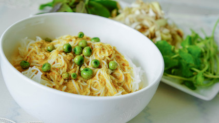 Traditional Thai cuisine, rice vermicelli eaten with curry