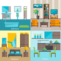 Interior rooms furnishing 4 flat icons