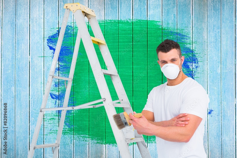 Poster composite image of handyman with paintbrush and ladder