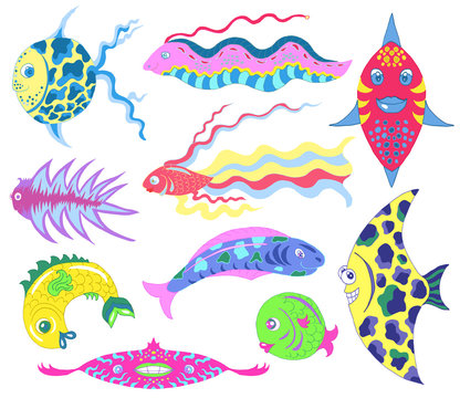 Design set with fantastic fish isolated
