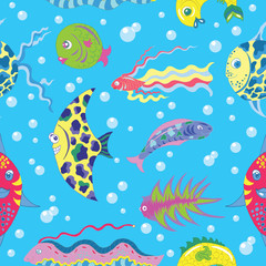 Naklejka na ściany i meble Seamless background with colorful fish and bubbles