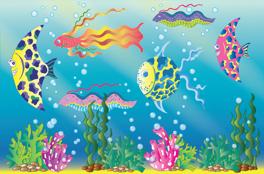 Underwater scene with colorful bubbles and seaweed