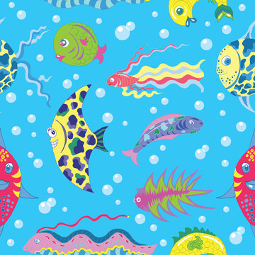 Seamless background with colorful fish and bubbles