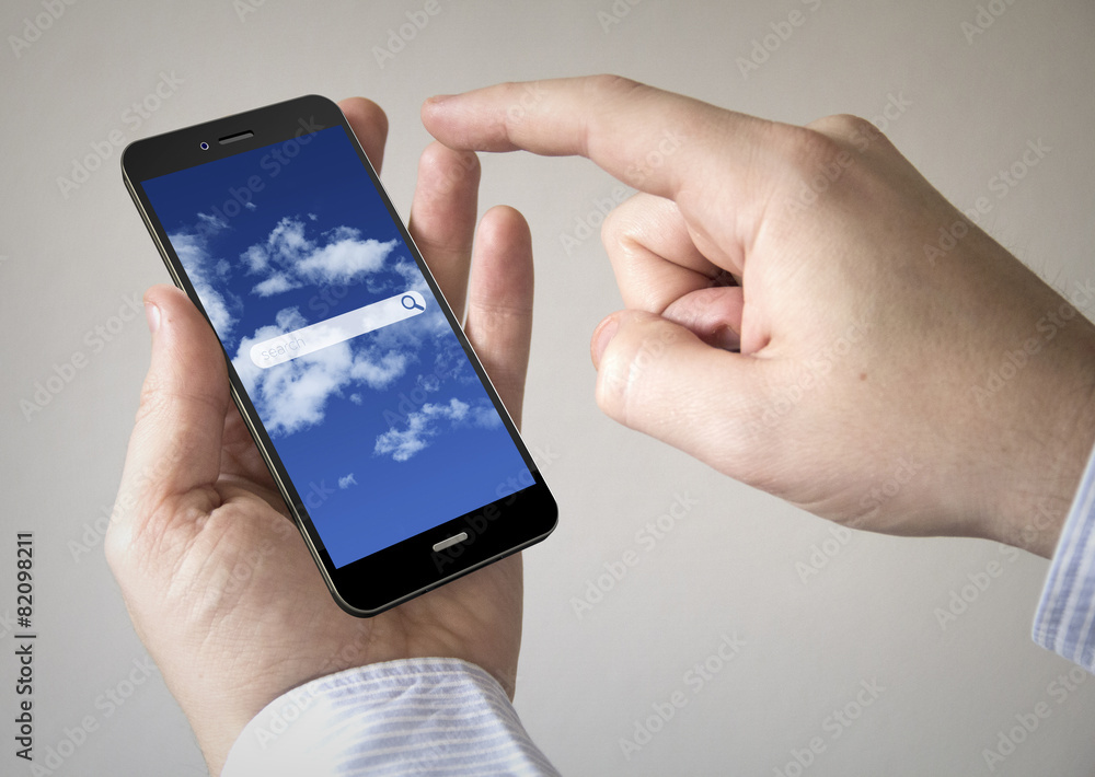 Poster touchscreen smartphone with online search application on the sc