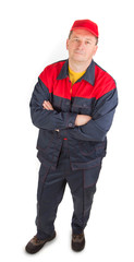 Worker in red-blue workwear.