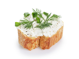 crunchy baguette slice with cream cheese and herbs isolated