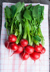 Fresh radishes on wooden table