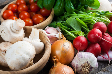 Fresh vegetables on wooden table