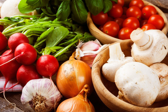 Fresh vegetables on wooden table