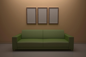 Orange interior with a green sofa.