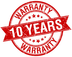 10 years warranty grunge retro red isolated ribbon stamp