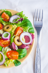 Vegetarian salad with lettuce, tomatoes, olives and onions