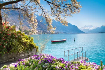 Poster Bloemen, bergen en het meer van Genève in Montreux, Zwitserland © Michal Ludwiczak