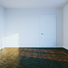 Empty room interior design with white door and parquet