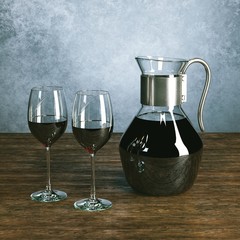Vintage jug full of wine with glasses on wooden surface