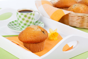 muffins and cup of tea on the tray