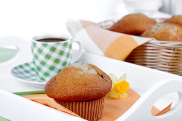 muffins and cup of tea on the tray