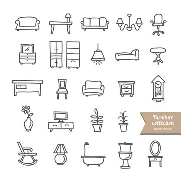 Hand drawn furniture icons collection: interior objects