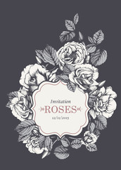 Floral vintage invitation with hand-drawn garden roses. Vector