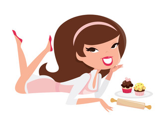 Cartoon Retro Pin Up Girl Baking Cupcakes Lying Down