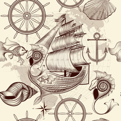 Antique pattern with ship, shells and map, tripping theme