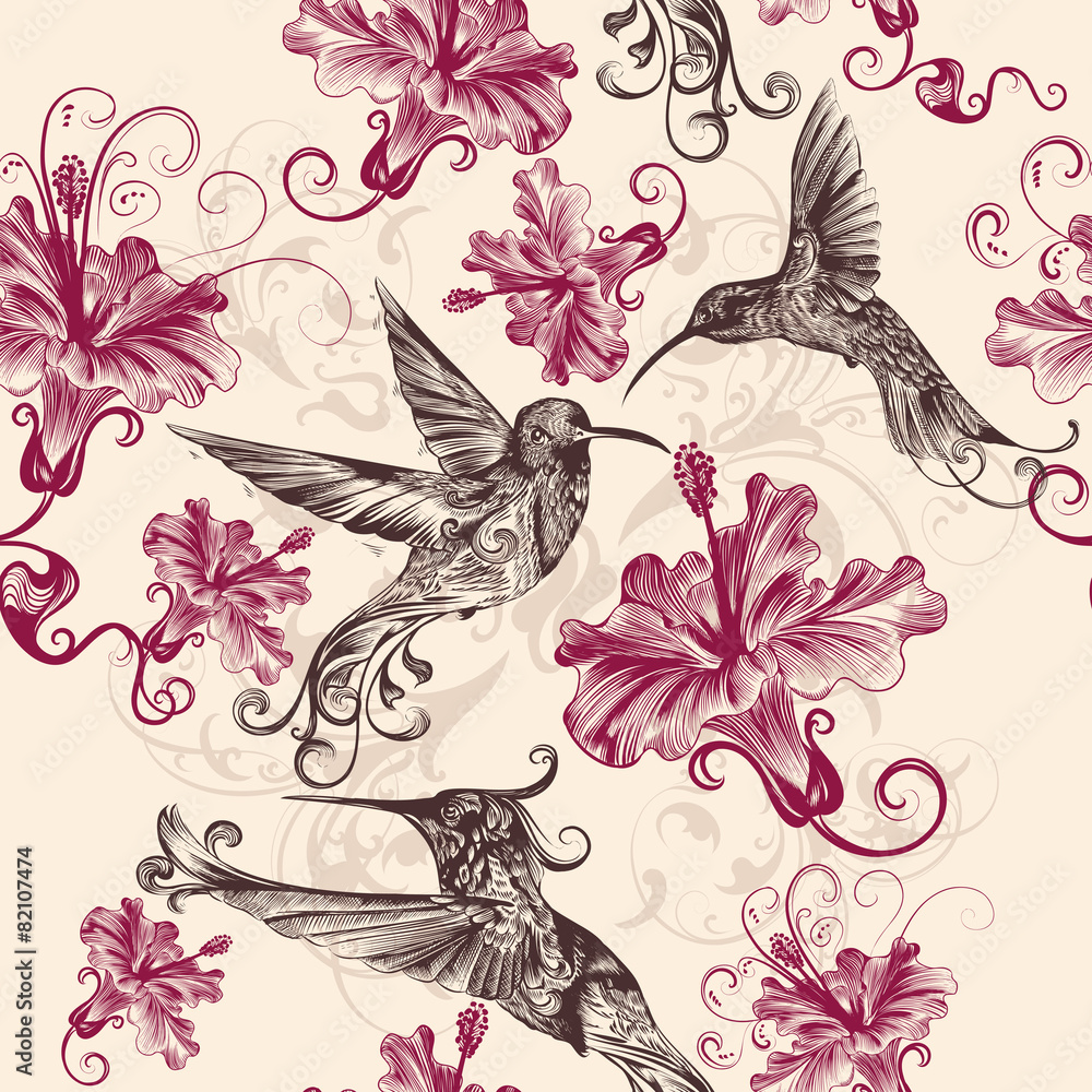 Poster beautiful seamless wallpaper pattern with hummingbirds and flowe