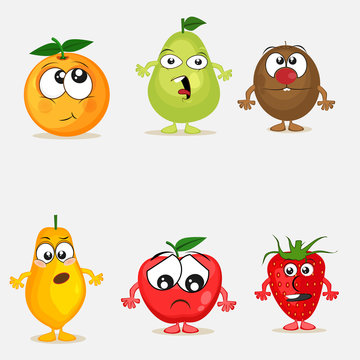 Set of fruits with different facial expression.
