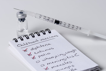 Immunization checklist with syringe and ampoule in background