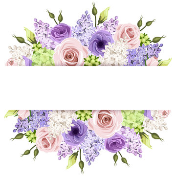 Background With Pink, Purple And White Roses And Lilac Flowers.