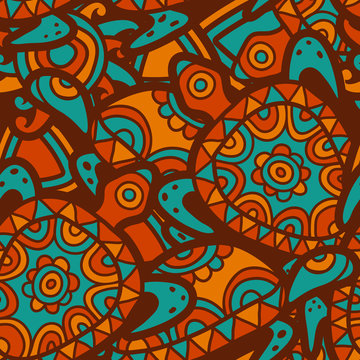 Hand drawn tribal blue and orange background. Vector seamless et