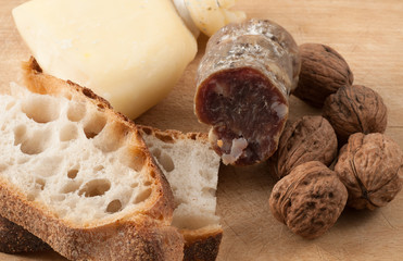 snack with salami, cheese and bread