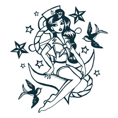 Hand Drawn Vintage Tattoo Ink Sailor Girl