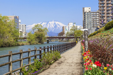 Fototapeta premium Morioka City Rzeka Kitakami i góra Iwate (z mostu Kaiun)