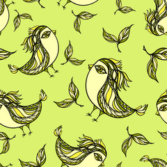 Seamless pattern with doodle birds in green