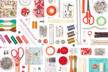 sewing and knitting on white background